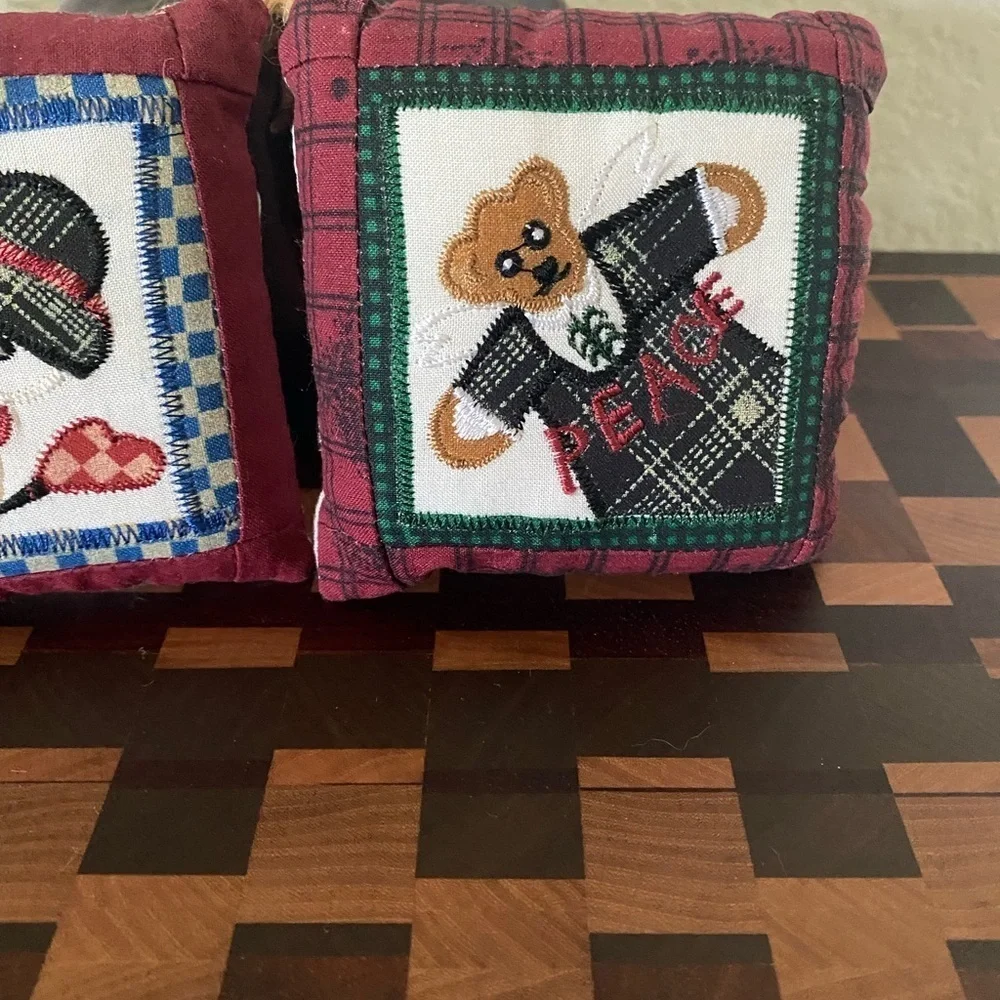 Set Of 2 Vintage Quilted Pillow Plaid Peace Bear and Snowman Ornaments 6”x 6”